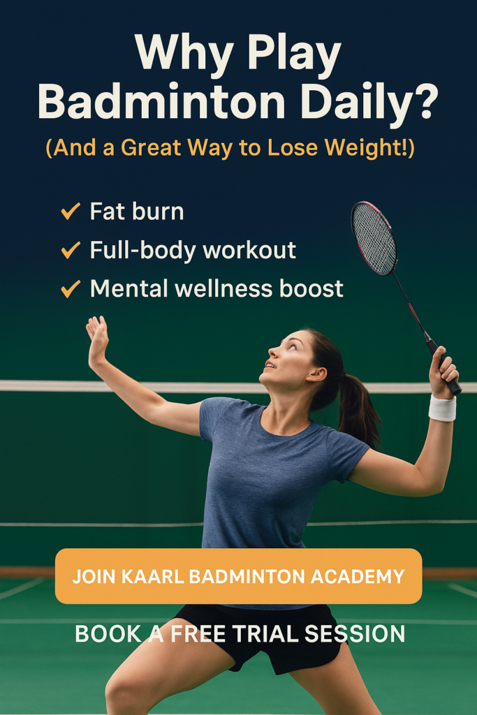 Why Play Badminton Daily? A lady with a badminton racquet on the left hand and trying to hit the shuttle.